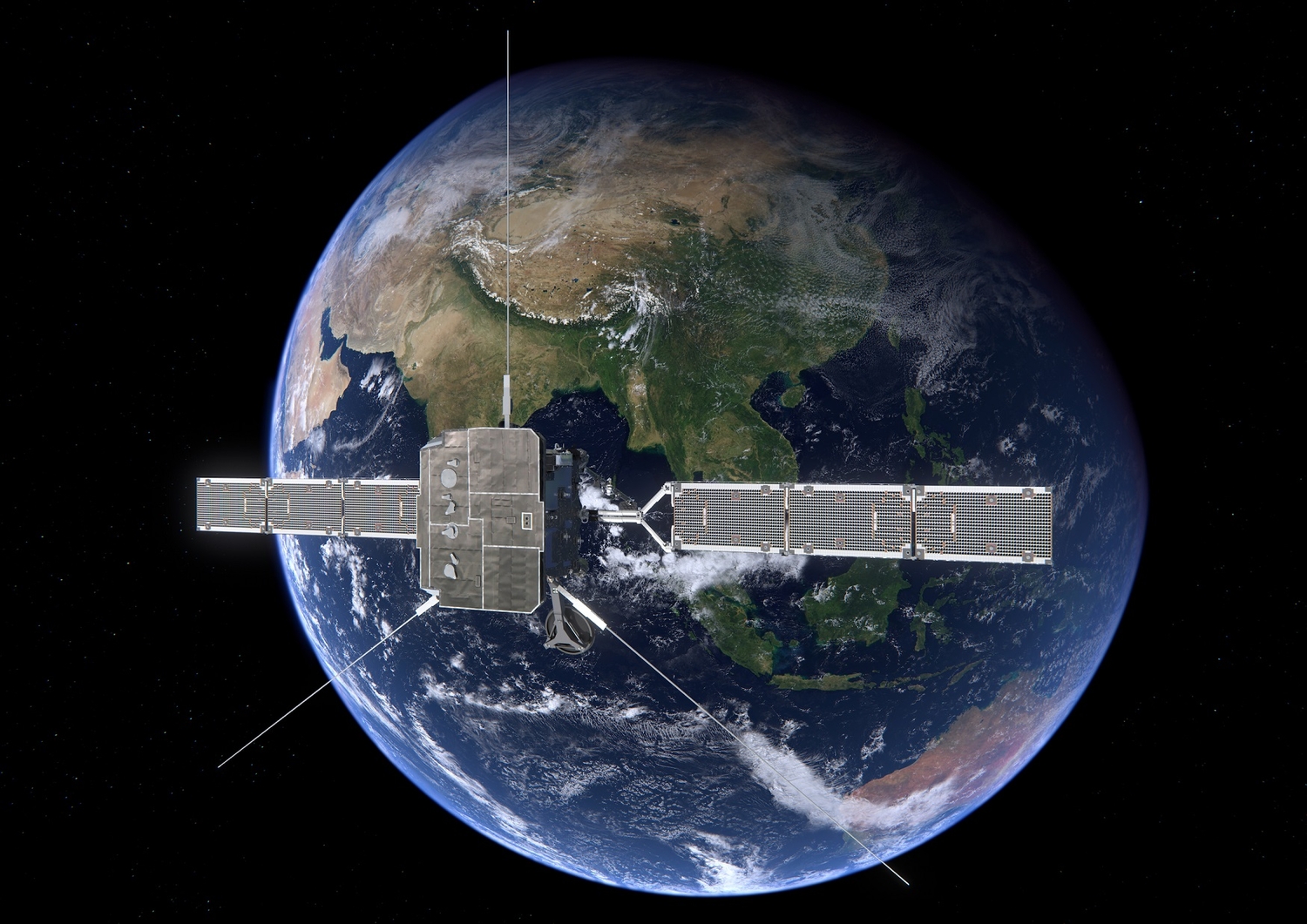 Künstlerische Abbildung von Solar Orbiter über der Erde mit aufgeklappter PV-Anlage. (ESA/ATG medialab)